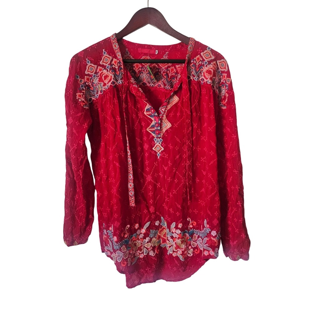 Johnny Was 100% Cupro Embroidered Boho Peasant Blouse Red Floral Top Size XS